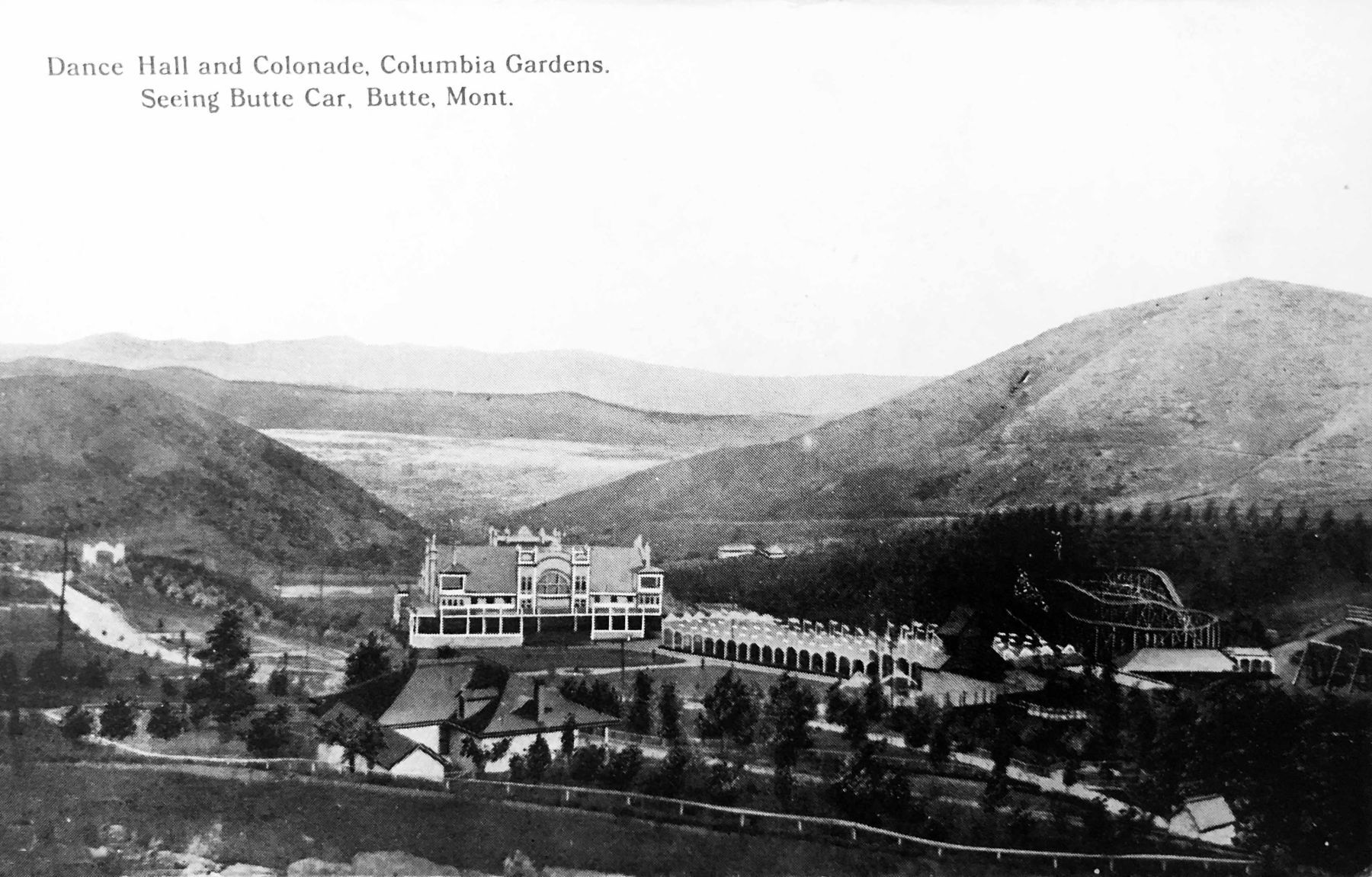 Columbia Gardens with pavilion and roller coaster 1905
